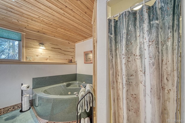 bathroom with shower with separate bathtub and wooden ceiling