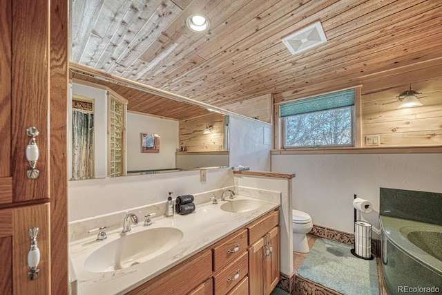 bathroom featuring vanity, toilet, and wood ceiling