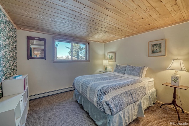 carpeted bedroom with wooden ceiling and a baseboard radiator