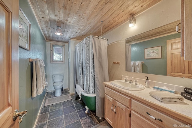 bathroom with a shower with curtain, vanity, toilet, and wooden ceiling