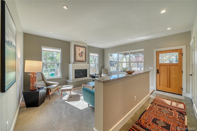 322 W Park Ave, Salida, CO 81201 - living area with a large fireplace, baseboards, and recessed lighting