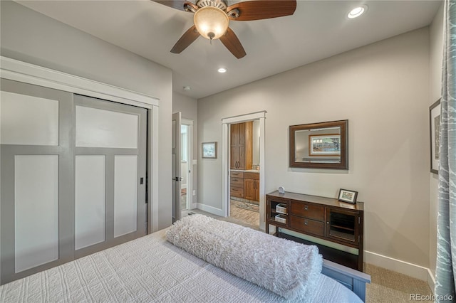 322 W Park Ave, Salida, CO 81201 - carpeted bedroom with baseboards, recessed lighting, ensuite bathroom, ceiling fan, and a closet