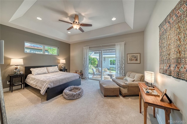 322 W Park Ave, Salida, CO 81201 - bedroom featuring carpet, access to exterior, a tray ceiling, recessed lighting, and a ceiling fan