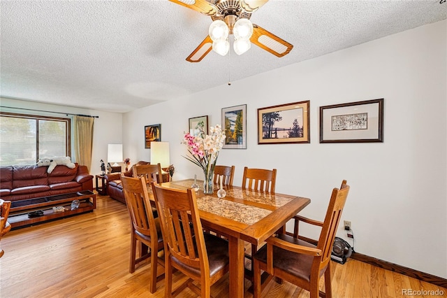 7590 E Easter Pl, Centennial, CO 80112 - dining space with a textured ceiling, ceiling fan, light wood-type flooring, and baseboards
