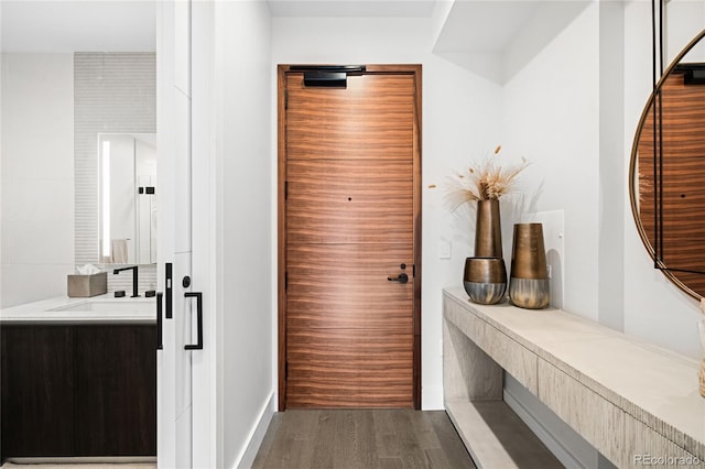 interior space with dark wood-style flooring and a sink