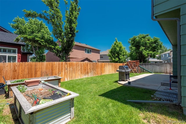 20445 Mitchell Pl, Denver, CO 80249 - fenced backyard featuring a patio and a vegetable garden