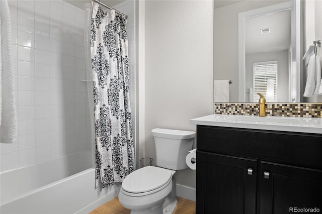 1867 W 137th Ln, Broomfield, CO 80023 - bathroom featuring vanity, decorative backsplash, shower / bath combo, and wood finished floors