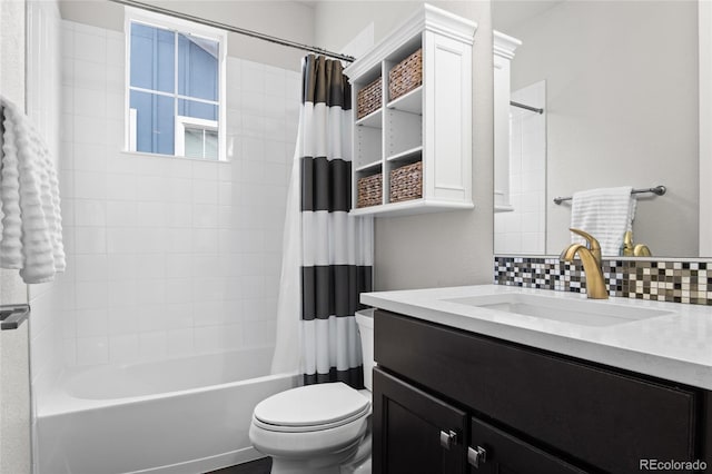 1867 W 137th Ln, Broomfield, CO 80023 - bathroom featuring vanity, shower / bath combo with shower curtain, and backsplash