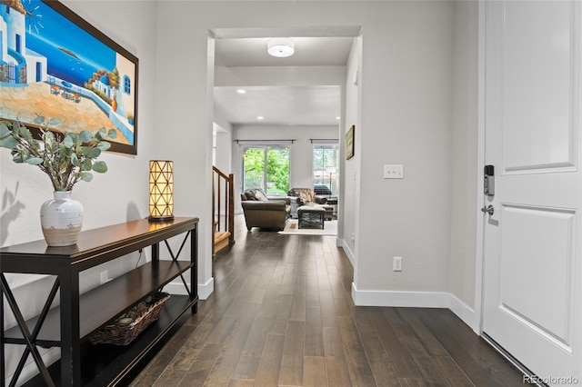 1867 W 137th Ln, Broomfield, CO 80023 - hall featuring dark wood-style floors and stairs