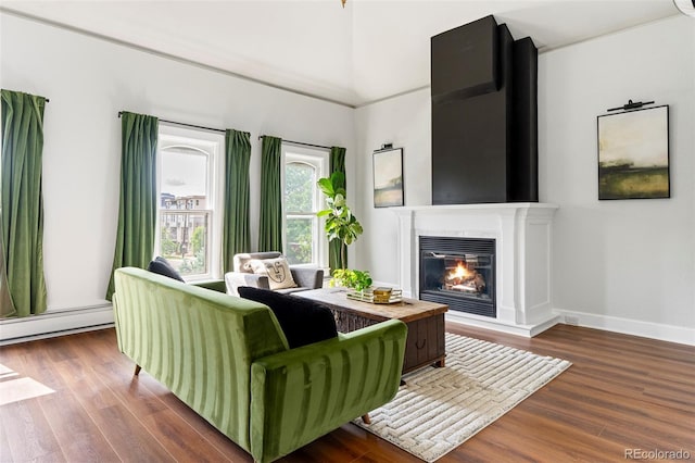 2098 N Clarkson St, Denver, CO 80205 - living area featuring wood finished floors, a glass covered fireplace, baseboards, and a baseboard heating unit