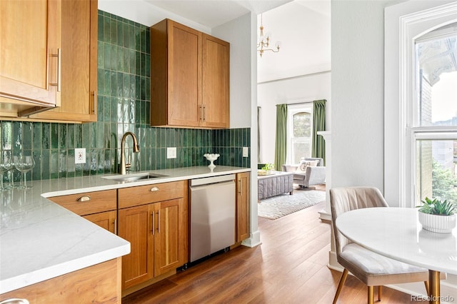 2098 N Clarkson St, Denver, CO 80205 - kitchen featuring stainless steel dishwasher, a sink, light countertops, tasteful backsplash, and dark wood finished floors