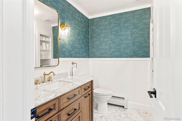 2098 N Clarkson St, Denver, CO 80205 - bathroom featuring a baseboard radiator, vanity, wainscoting, toilet, and wallpapered walls
