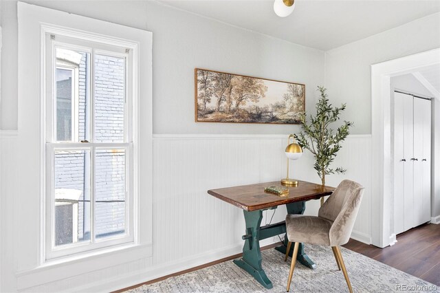 2098 N Clarkson St, Denver, CO 80205 - office area featuring wainscoting and dark wood finished floors