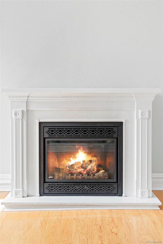 2098 N Clarkson St, Denver, CO 80205 - detailed view of a lit fireplace, baseboards, and wood finished floors