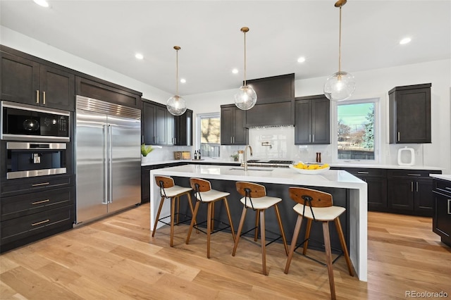 kitchen with built in appliances, a healthy amount of sunlight, light wood-type flooring, and a kitchen island with sink