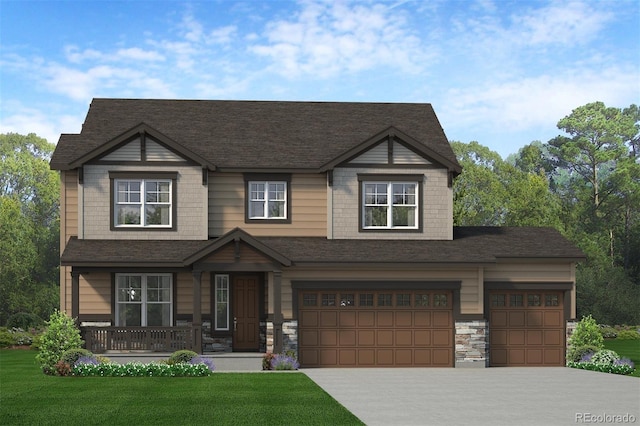1737 Jennifer St, Brighton, CO 80601 - craftsman-style home with driveway, a porch, a front yard, stone siding, and an attached garage