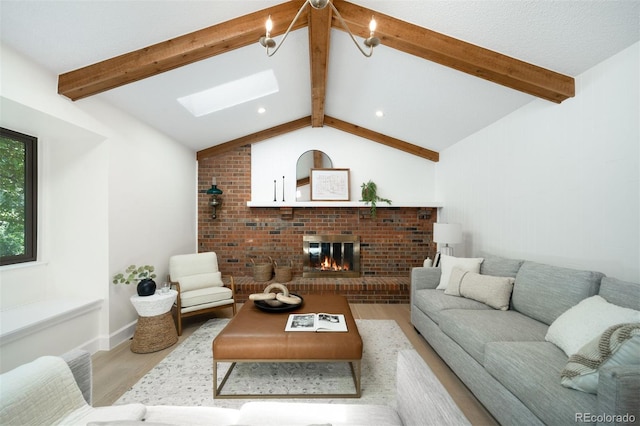 7308 S Steele Cir, Centennial, CO 80122 - living room with wood finished floors, a skylight, a brick fireplace, and recessed lighting
