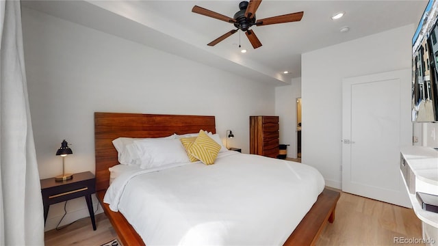930 Blue River Pkwy Unit 622, Silverthorne, CO 80498 - bedroom featuring light wood finished floors, recessed lighting, and a ceiling fan