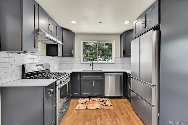 kitchen with appliances with stainless steel finishes, a sink, under cabinet range hood, light wood-type flooring, and tasteful backsplash