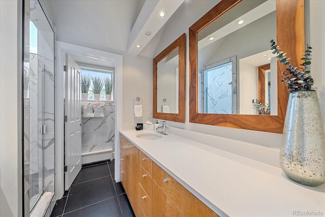 bathroom with vanity, tile patterned flooring, walk in shower, and baseboard heating