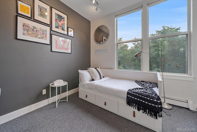 bedroom with a baseboard radiator, track lighting, multiple windows, and dark colored carpet