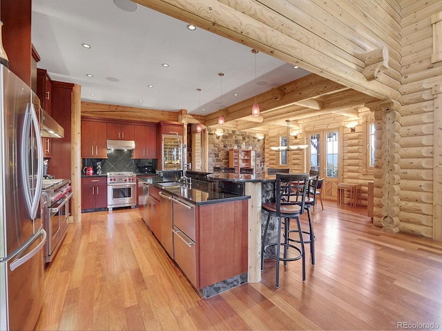 kitchen featuring hanging light fixtures, light wood-type flooring, stainless steel appliances, a large island, and decorative backsplash