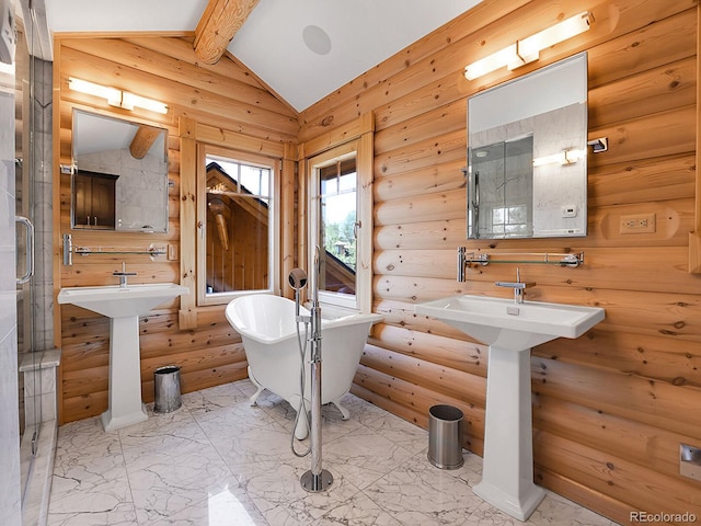 bathroom with a tub to relax in, log walls, and lofted ceiling with beams