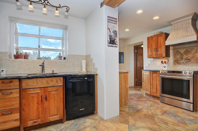 kitchen featuring custom range hood, tasteful backsplash, dishwasher, and stainless steel electric stove