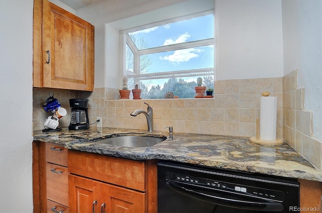 kitchen with dark stone countertops, sink, dishwasher, and tasteful backsplash