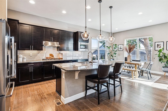 kitchen with light wood-style floors, stone counters, stainless steel appliances, under cabinet range hood, and a sink