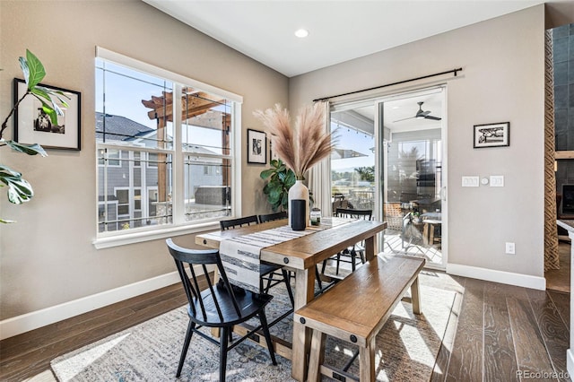 dining room featuring a wealth of natural light, a fireplace, baseboards, and hardwood / wood-style flooring