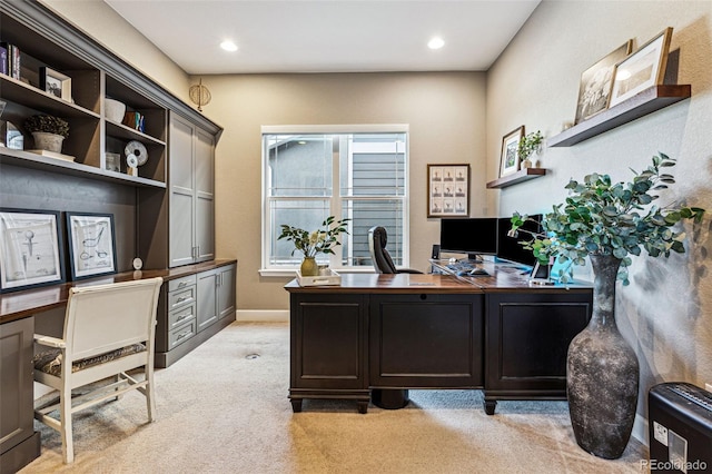 office with recessed lighting, light carpet, and baseboards