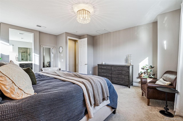 carpeted bedroom with a chandelier and visible vents