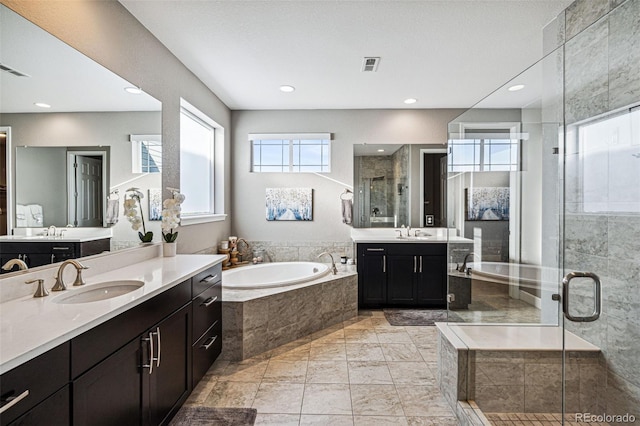 bathroom with plenty of natural light, a sink, and a shower stall