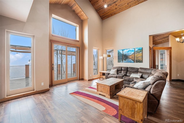 living room featuring wooden ceiling, high vaulted ceiling, wood finished floors, and a notable chandelier