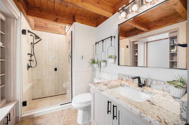 bathroom featuring wood ceiling, beamed ceiling, a shower stall, and toilet