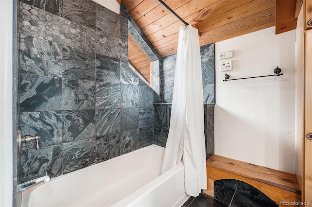 full bathroom with wooden ceiling and shower / tub combo with curtain