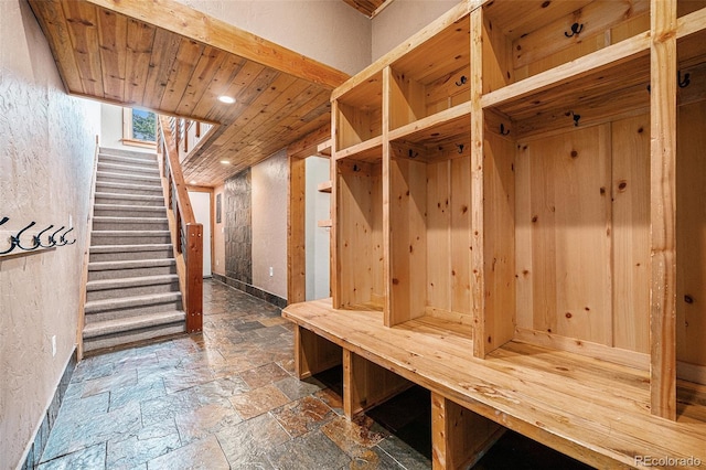 mudroom with wood ceiling, baseboards, stone tile flooring, a sauna, and recessed lighting