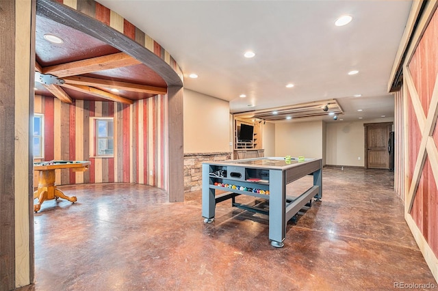 playroom featuring recessed lighting, concrete floors, and billiards