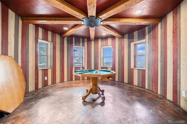 rec room featuring a ceiling fan, pool table, and unfinished concrete floors