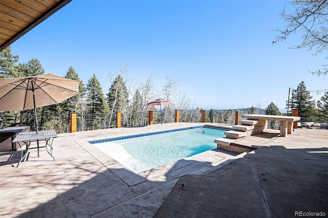 view of pool with fence, a fenced in pool, and a patio area