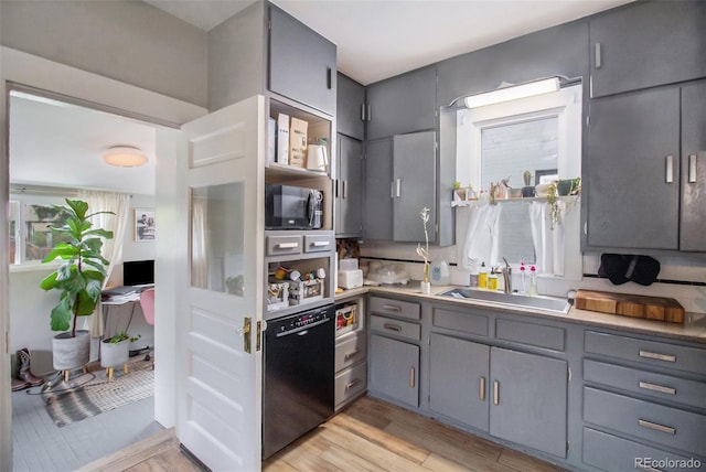 3764 N Raleigh St, Denver, CO 80212 - kitchen with a sink, dishwasher, gray cabinetry, and light wood-style floors