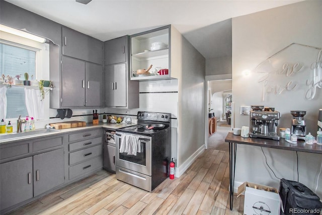 3764 N Raleigh St, Denver, CO 80212 - kitchen featuring stainless steel electric stove, gray cabinets, a sink, and light wood-style flooring