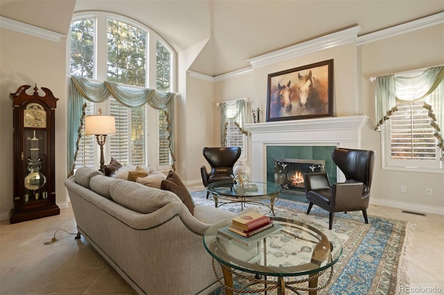 living area featuring crown molding, a towering ceiling, and light tile patterned flooring