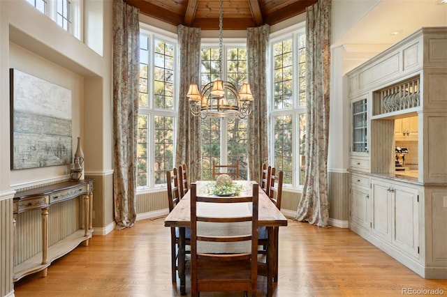 dining area featuring light hardwood / wood-style floors, beamed ceiling, wooden ceiling, and plenty of natural light