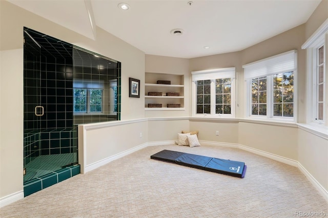 workout room featuring carpet flooring