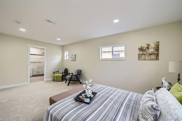 bedroom featuring recessed lighting, baseboards, visible vents, and light colored carpet