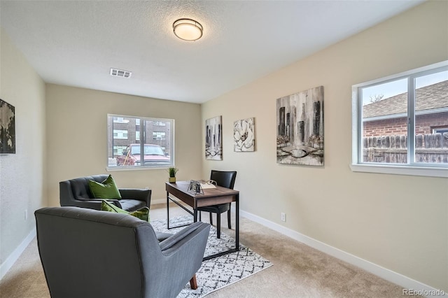 office featuring a wealth of natural light, carpet flooring, visible vents, and baseboards