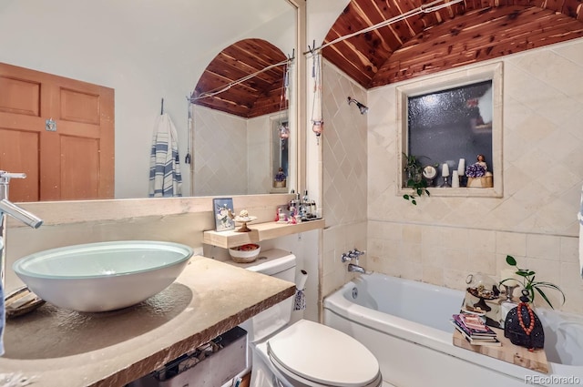 1580 Redwood Ave, Boulder, CO 80304 - full bath with a bathtub, wooden ceiling, vaulted ceiling, and vanity