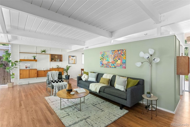 1338 S Fairfax St, Denver, CO 80222 - living room featuring light wood-style flooring and beamed ceiling